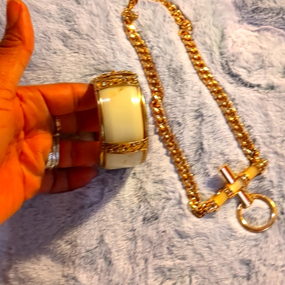 Goldtone cuff bracelet and Necklace